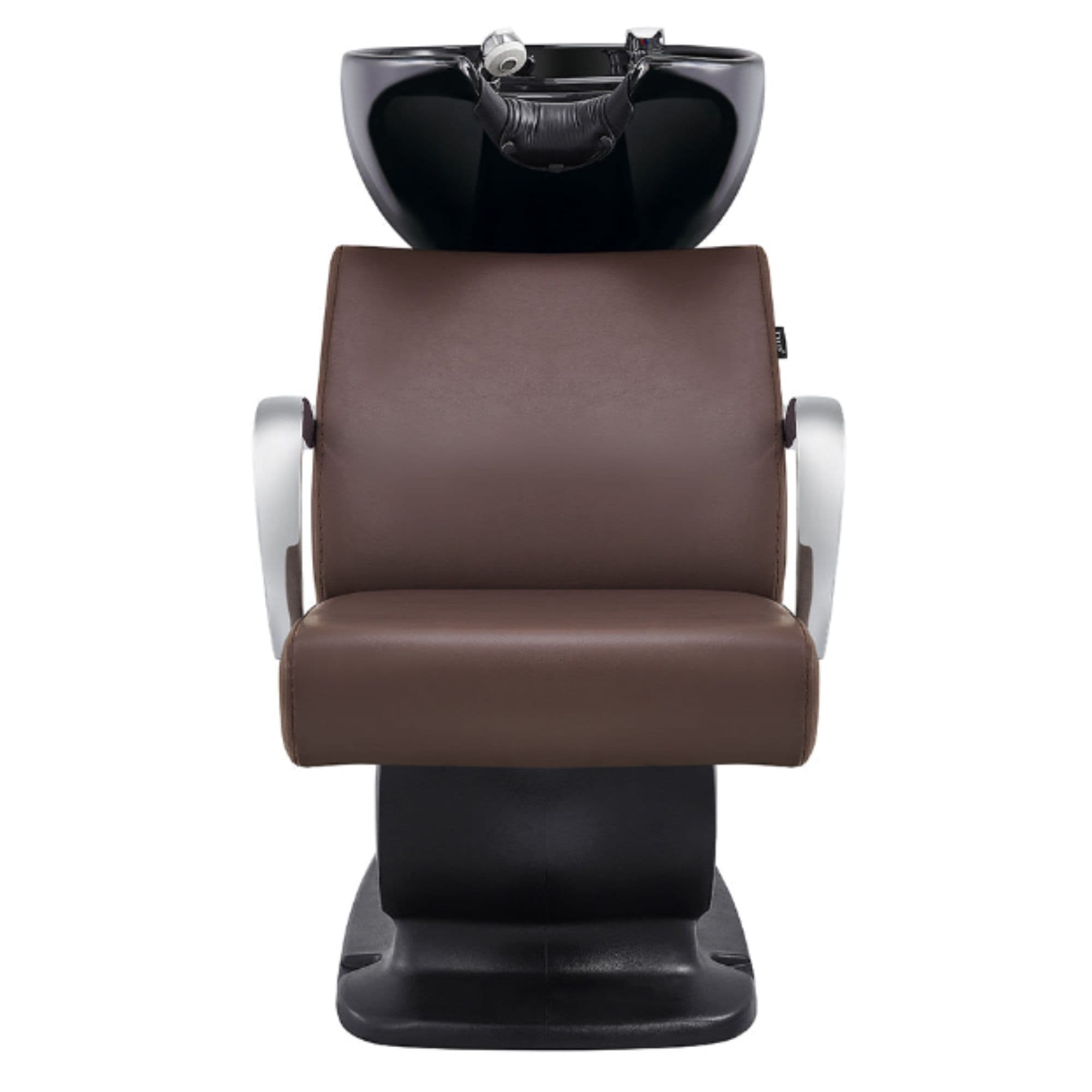 Beckman Salon Shampoo Unit with Adjustable Seat Brown Front View With Black Single Sink On White Background