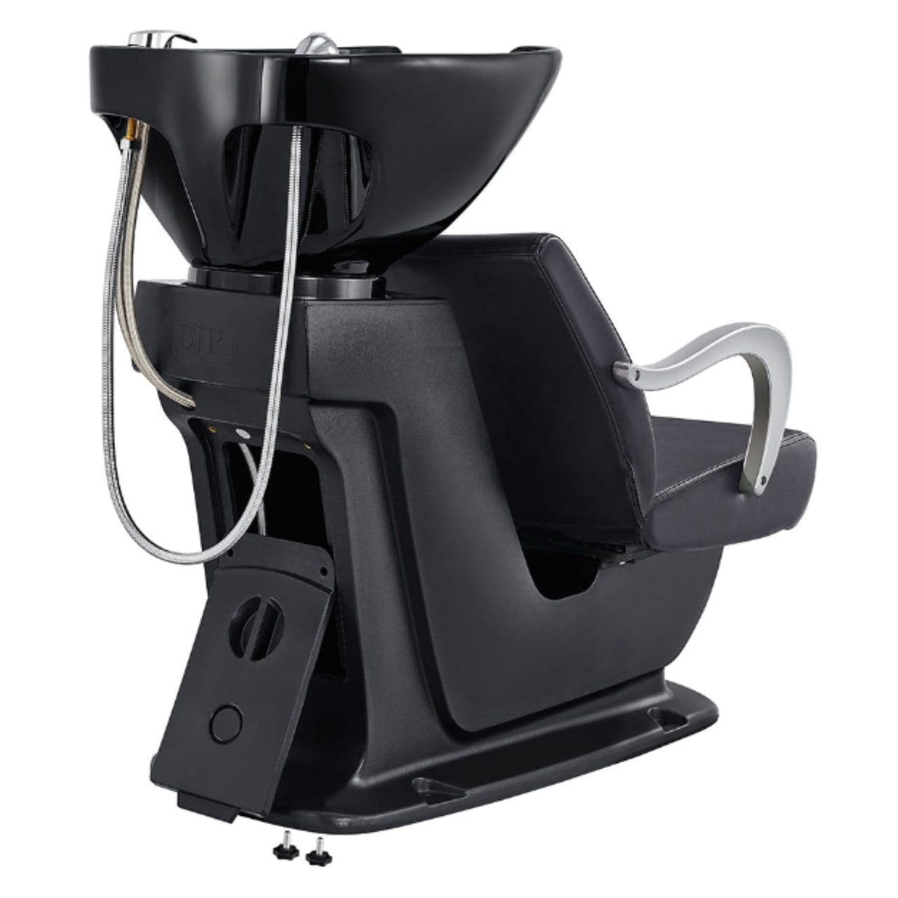 Beckman Adjustable Seat Shampoo Station Black Rear View With Black Single Sink Station Assembly