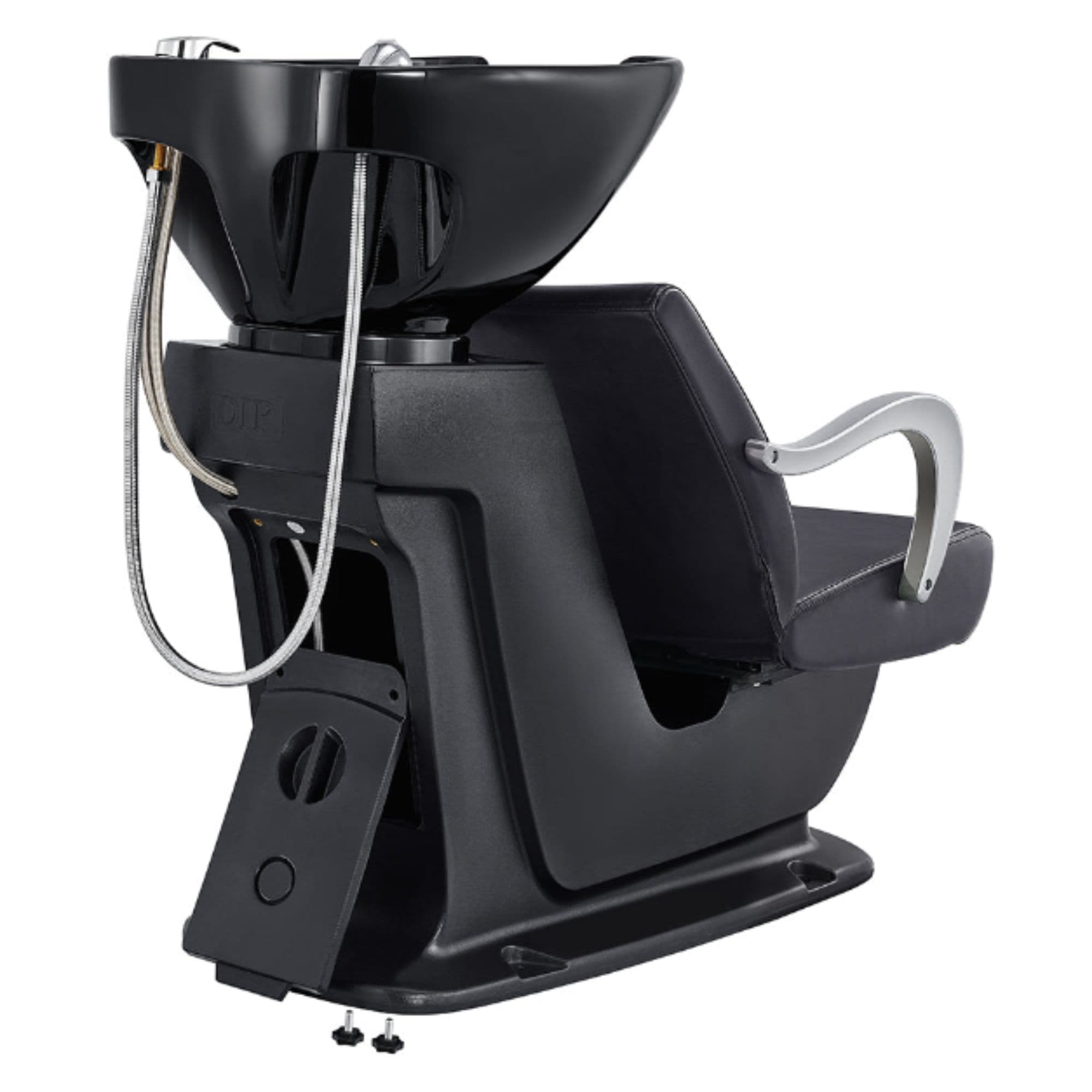 Beckman Adjustable Seat Shampoo Station Black Rear View With Black Single Sink Station Assembly