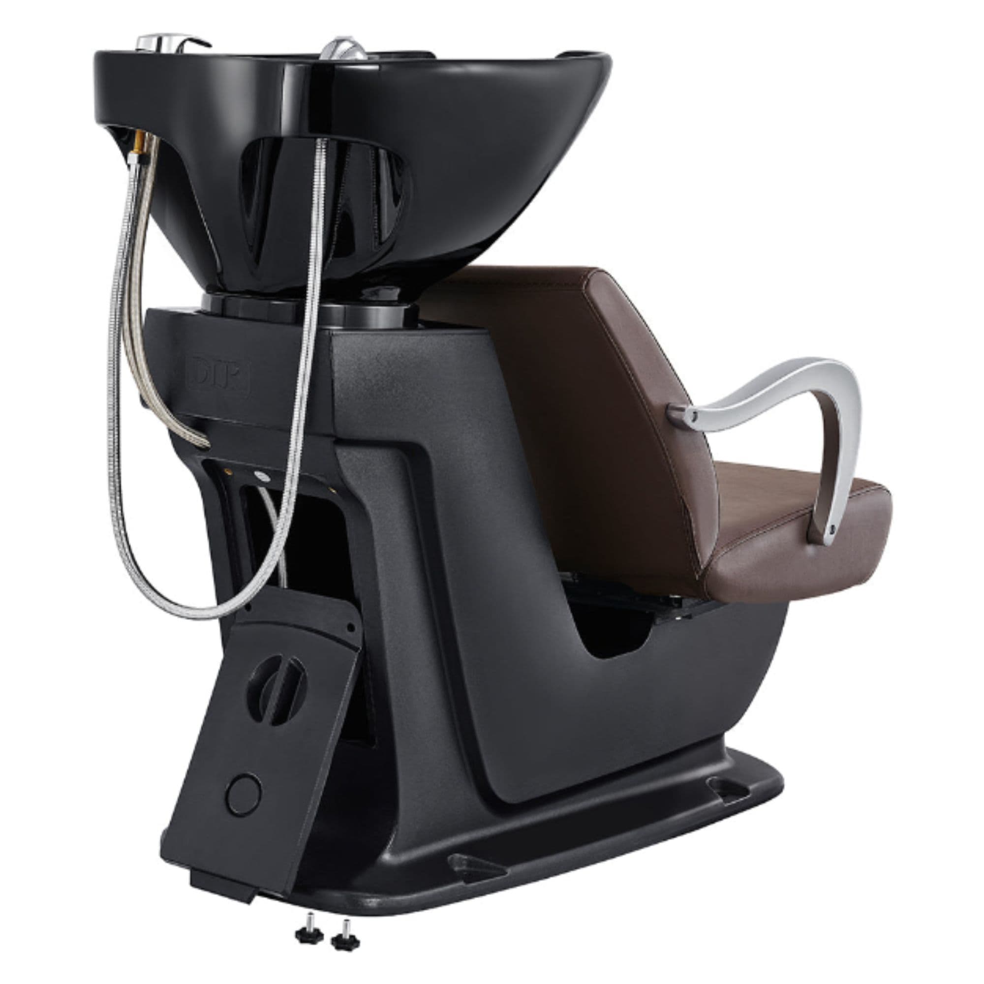 Beckman Adjustable Seat Shampoo Station Brown Rear View With Black Single Sink Station Assembly