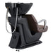 Beckman Adjustable Seat Shampoo Station Brown Rear View With Black Single Sink Station Assembly