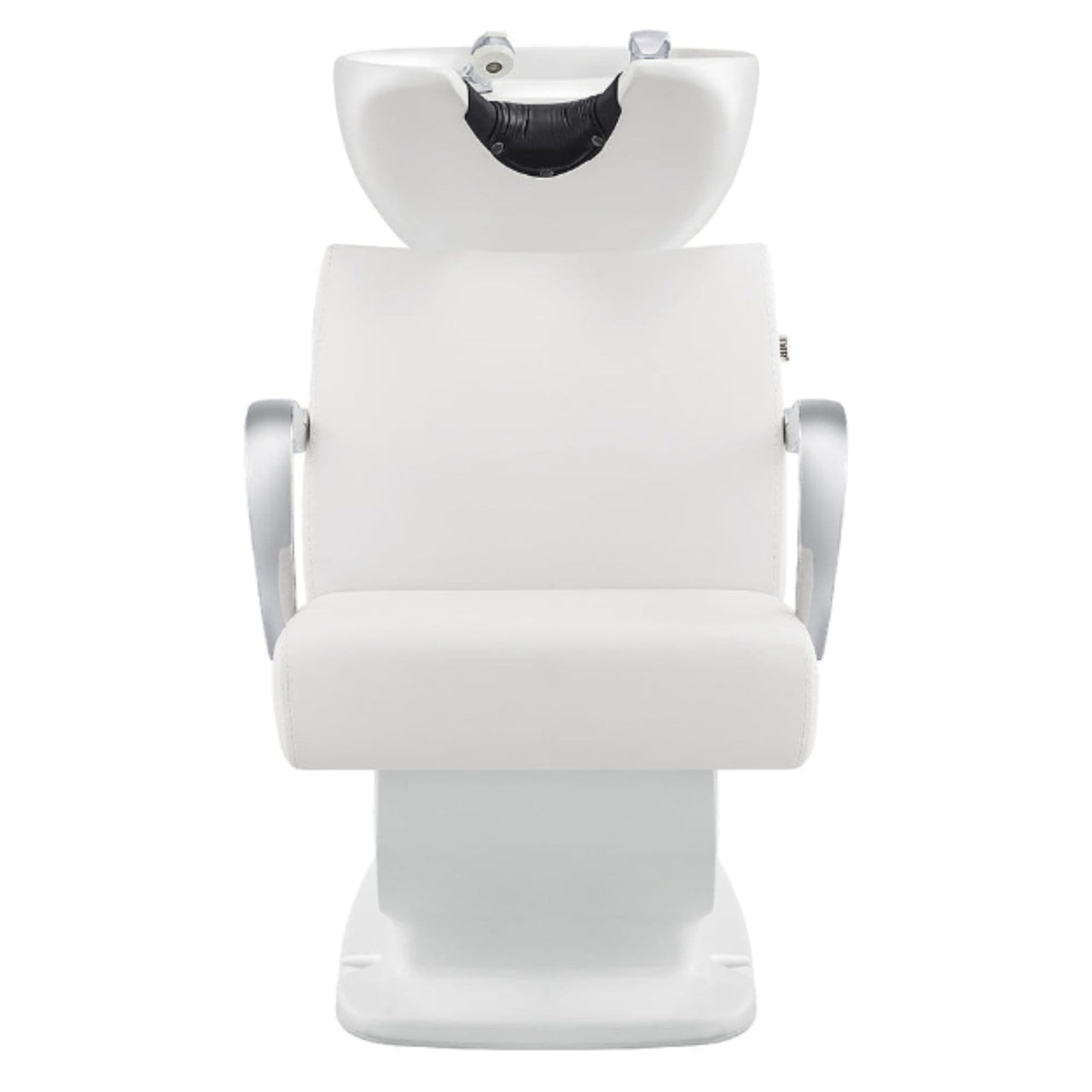 Beckman Adjustable Seat Shampoo Station White Front View With White Single Sink On White Background