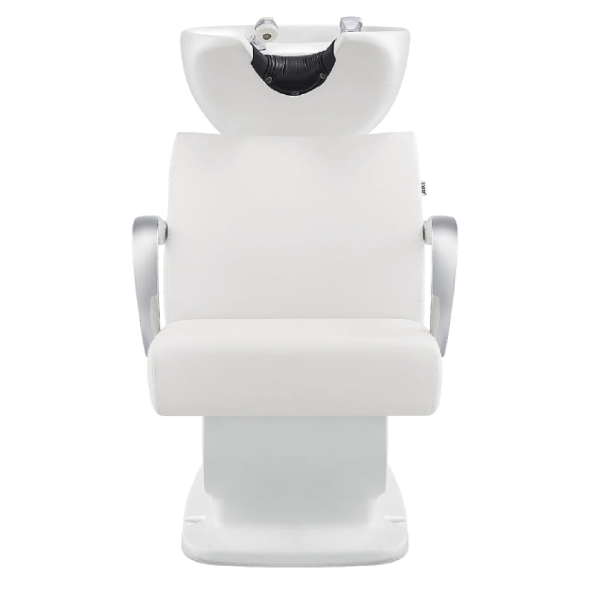 Beckman Adjustable Seat Shampoo Station White Front View With White Single Sink On White Background