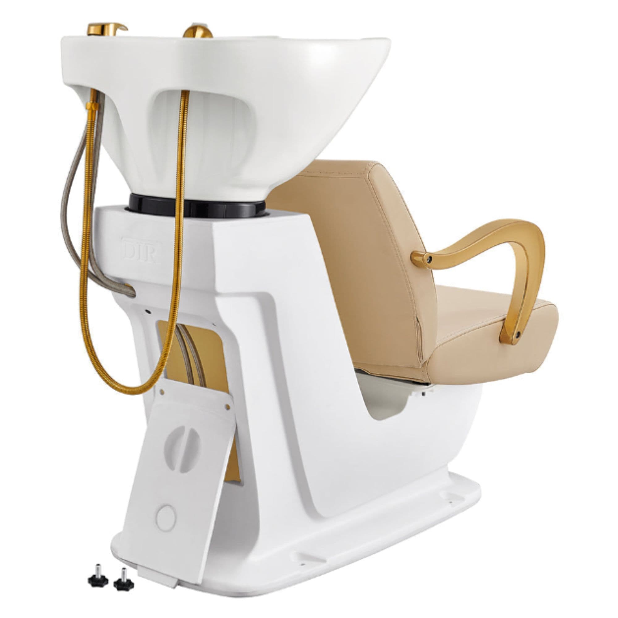Beckman Gold Adjustable Salon Shampoo Chair Beige Rear View With White Single Sink Station Assembly