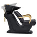 Beckman Gold Adjustable Salon Shampoo Chair Black Side View With Demo Of Black Single Sink  Station On Clean Background