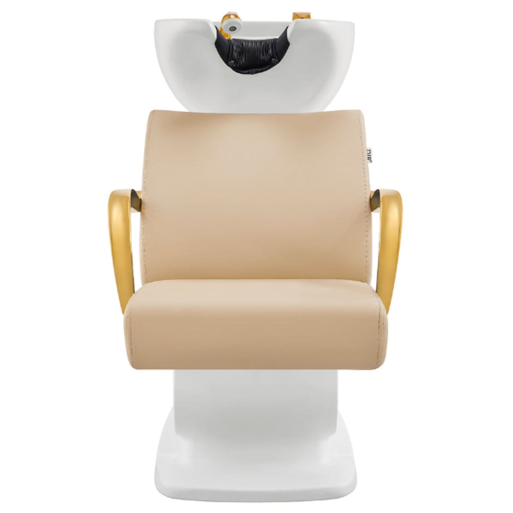 Beckman Gold Shampoo Chair with Adjustable Seat Beige Front View With White Single Sink On White Background