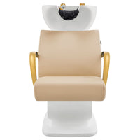 Thumbnail for Beckman Gold Shampoo Chair with Adjustable Seat Beige Front View With White Single Sink On White Background