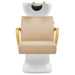 Beckman Gold Shampoo Chair with Adjustable Seat Beige Front View With White Single Sink On White Background