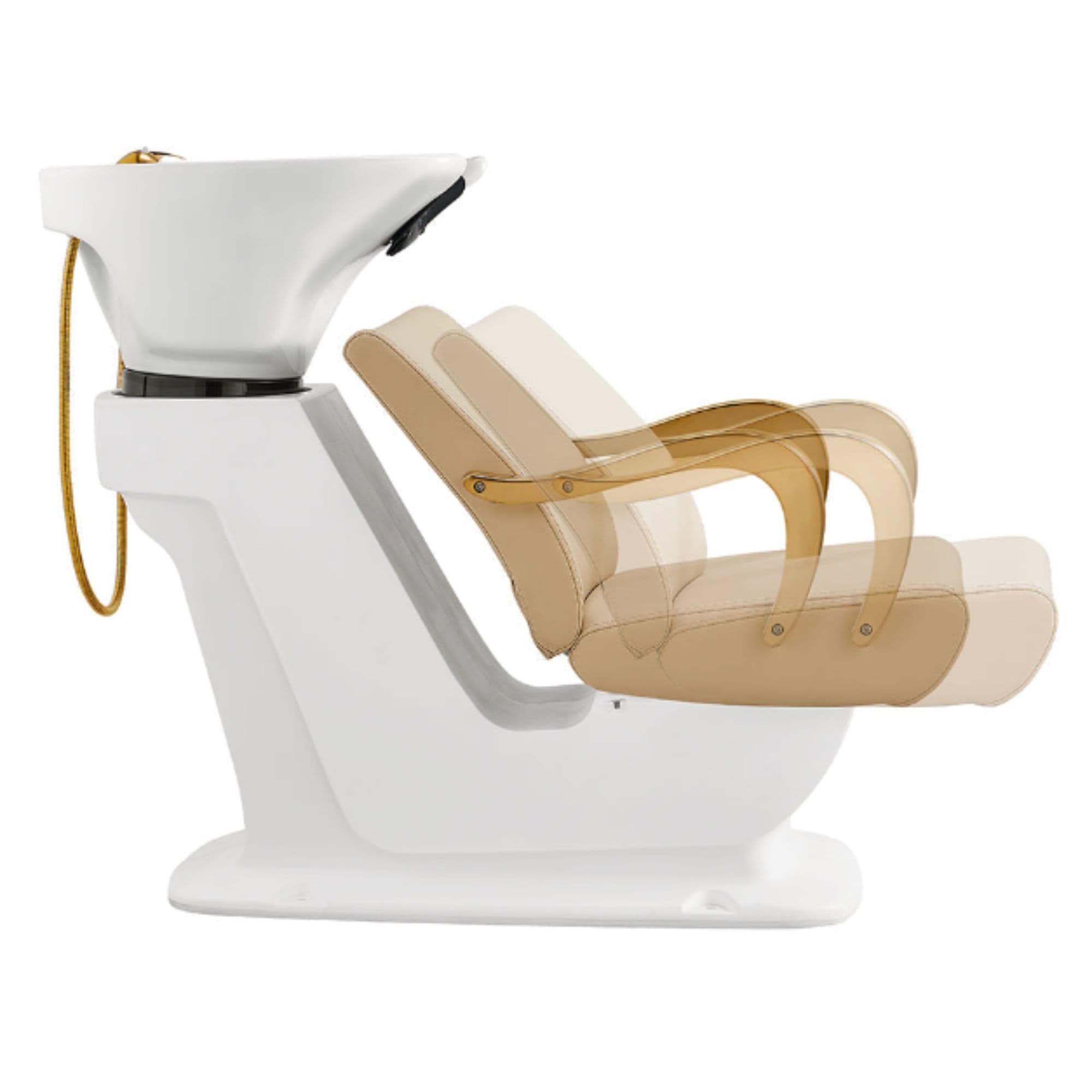 Beckman Gold Shampoo Chair with Adjustable Seat Beige Side View With White Single Sink Station And Seat Demonstration