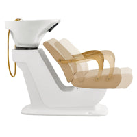 Thumbnail for Beckman Gold Shampoo Chair with Adjustable Seat Beige Side View With White Single Sink Station And Seat Demonstration
