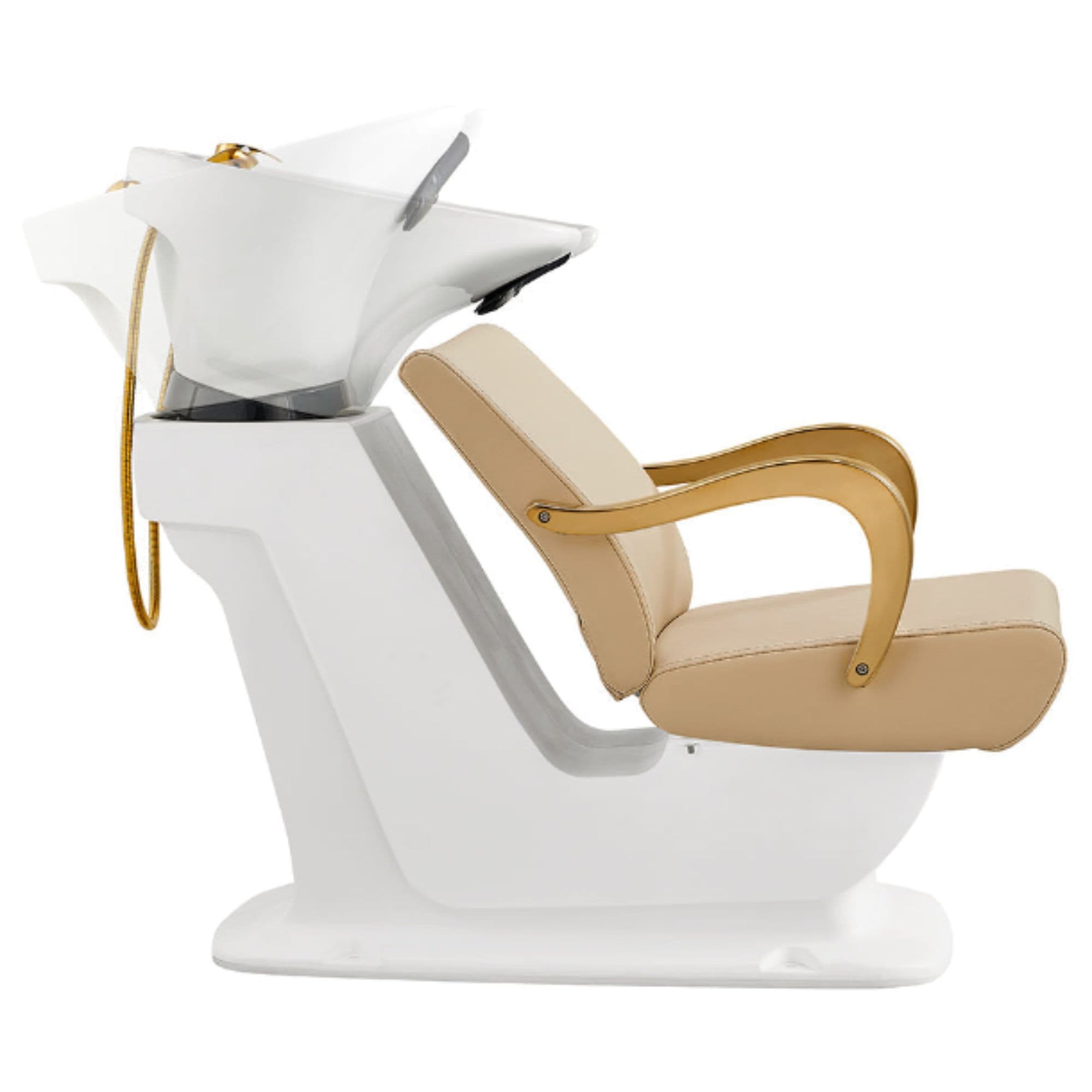 Beckman Gold Shampoo Chair with Adjustable Seat Beige Side View With White Single Sink Station Demo On Clean Background