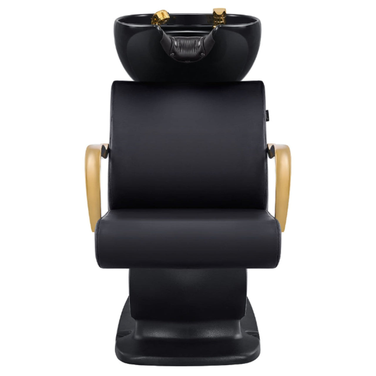 Beckman Gold Shampoo Chair with Adjustable Seat Black Front View With  Black Single Wash Sink On Clean Background