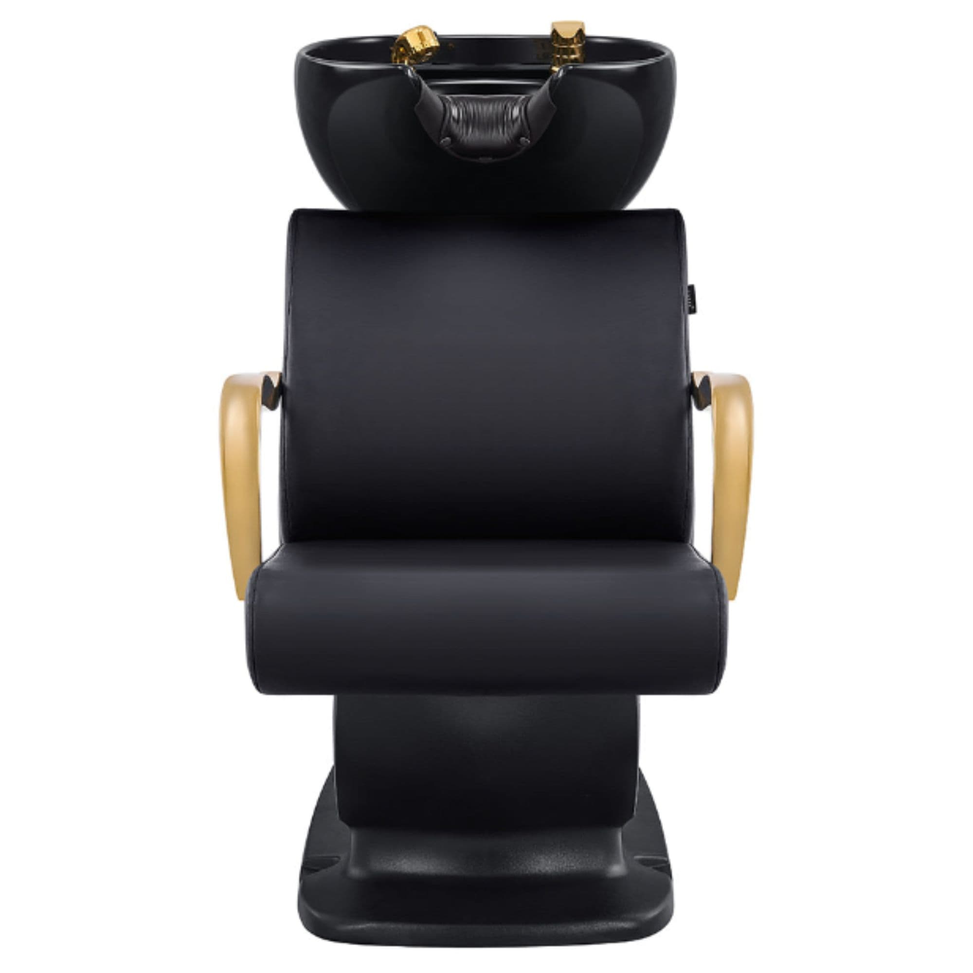 Beckman Gold Shampoo Chair with Adjustable Seat Black Front View With  Black Single Wash Sink On Clean Background