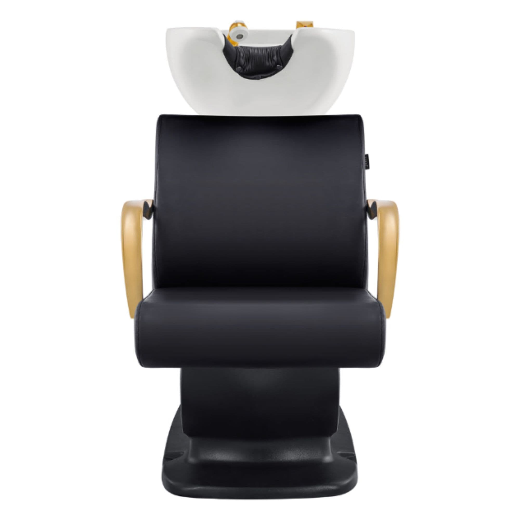 Beckman Gold Shampoo Chair with Adjustable Seat Black Front View With  White Single Wash Sink On Clean Background