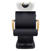 Thumbnail for Beckman Gold Shampoo Chair with Adjustable Seat Black Front View With  White Single Wash Sink On Clean Background
