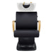 Beckman Gold Shampoo Chair with Adjustable Seat Black Front View With  White Single Wash Sink On Clean Background