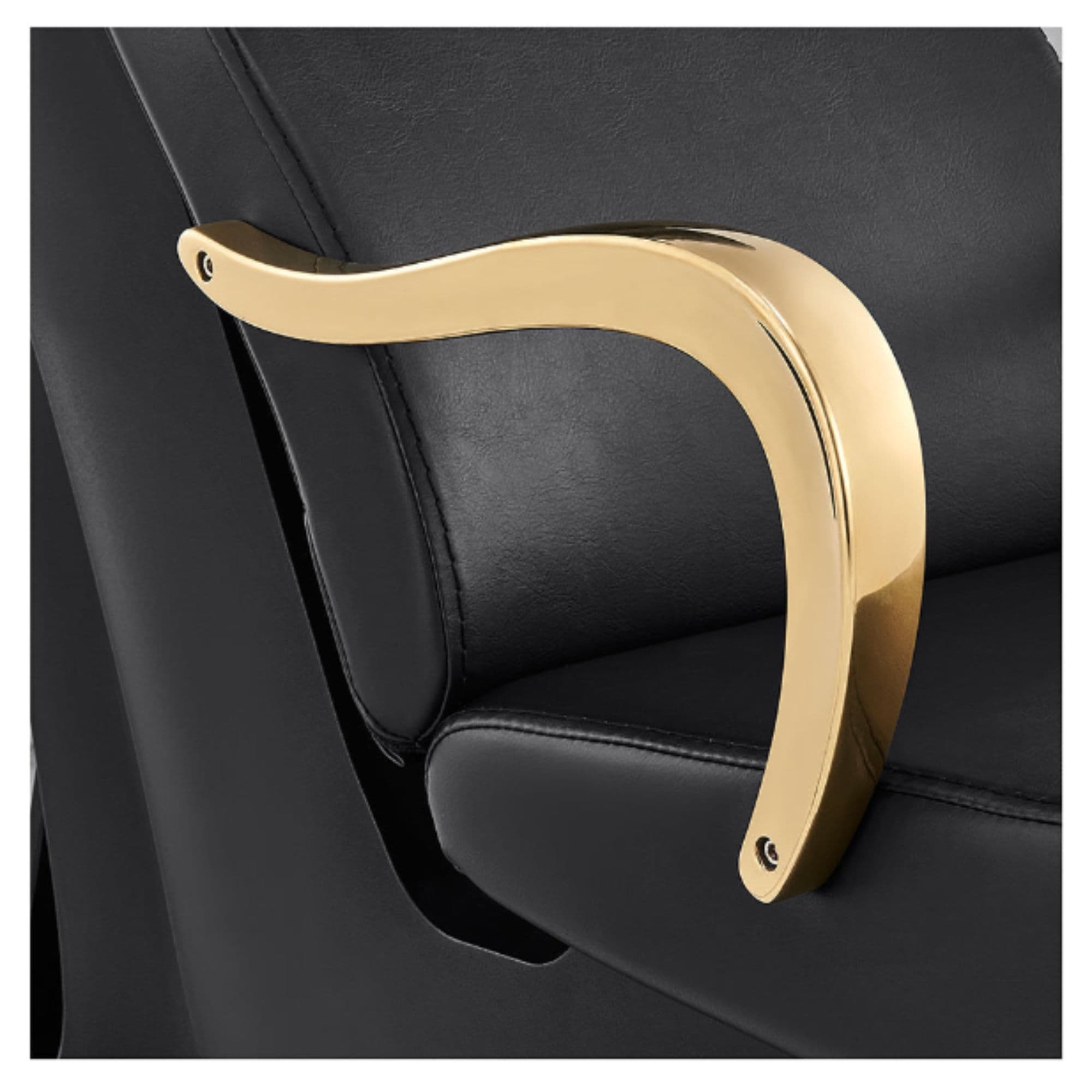 Beckman Gold Shampoo Chair with Adjustable Seat Close-Up View Of Armrest Design With Black Upholstery