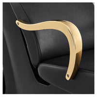 Thumbnail for Beckman Gold Shampoo Chair with Adjustable Seat Close-Up View Of Armrest Design With Black Upholstery