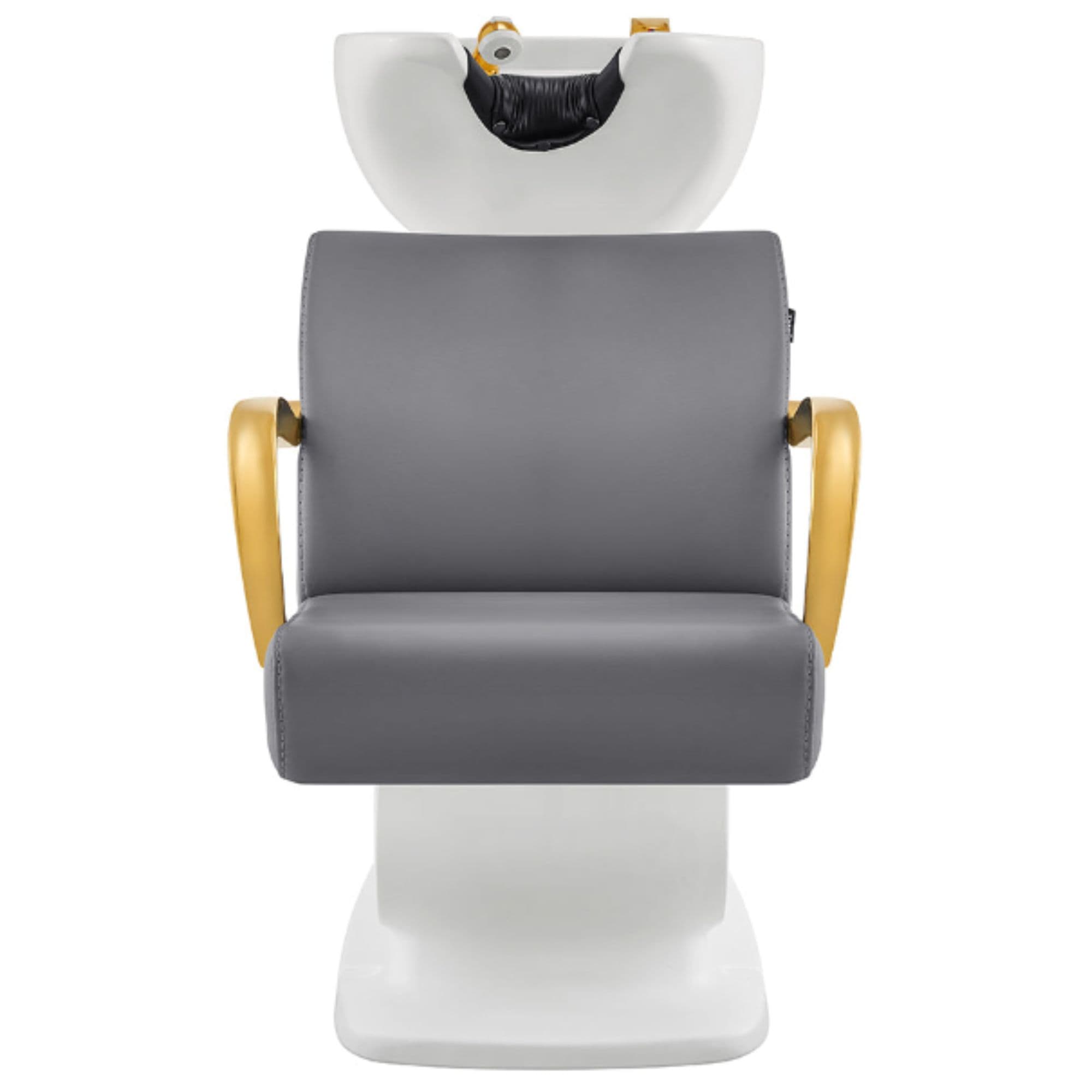Beckman Gold Shampoo Chair with Adjustable Seat Gray Front View With White Single Sink On White Background