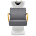 Beckman Gold Shampoo Chair with Adjustable Seat Gray Front View With White Single Sink On White Background