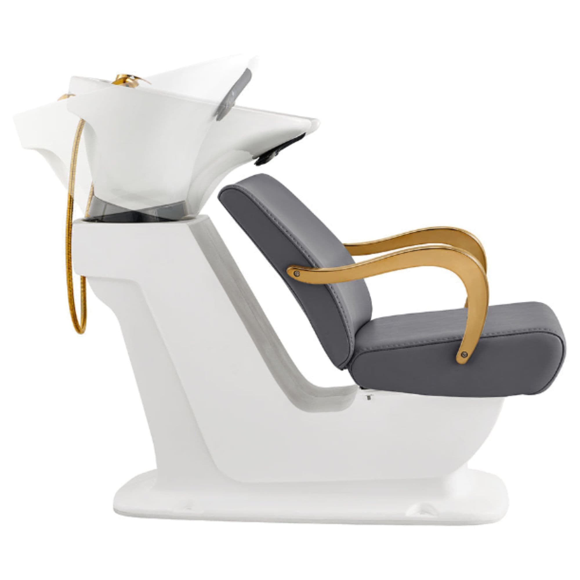 Beckman Gold Shampoo Chair with Adjustable Seat Gray Side View With White Single Sink Demo On White Background