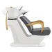 Beckman Gold Shampoo Chair with Adjustable Seat Gray Side View With White Single Sink Demo On White Background