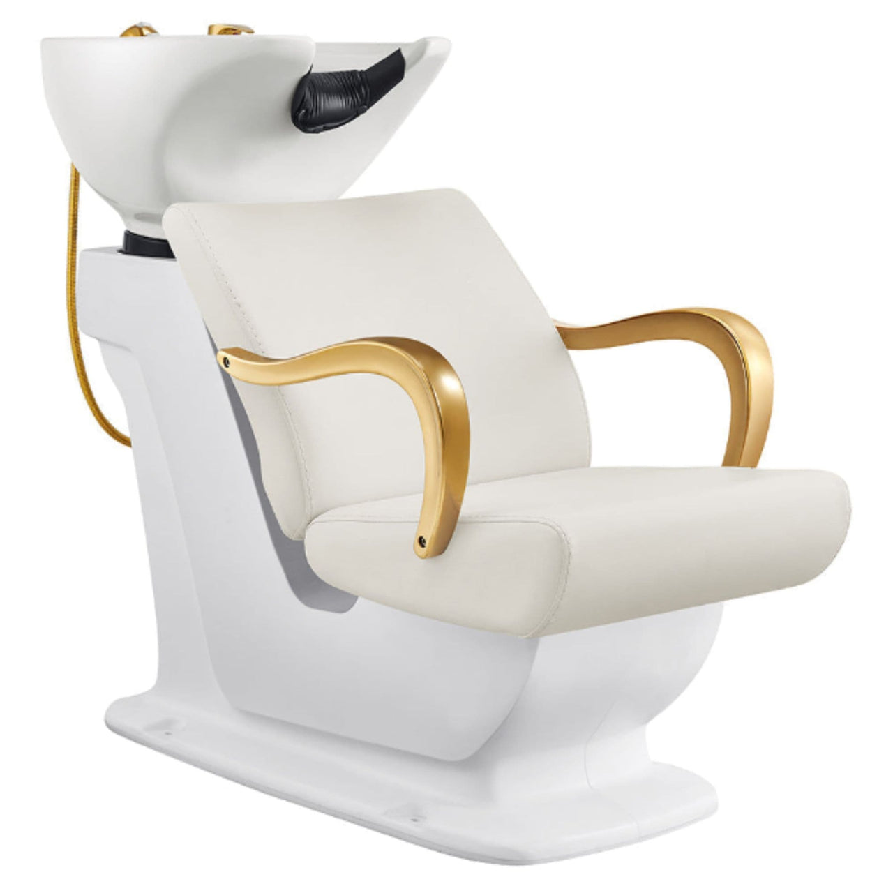 Beckman Gold Shampoo Chair with Adjustable Seat White Front Angled View With White Single Wash Sink On Clean Background
