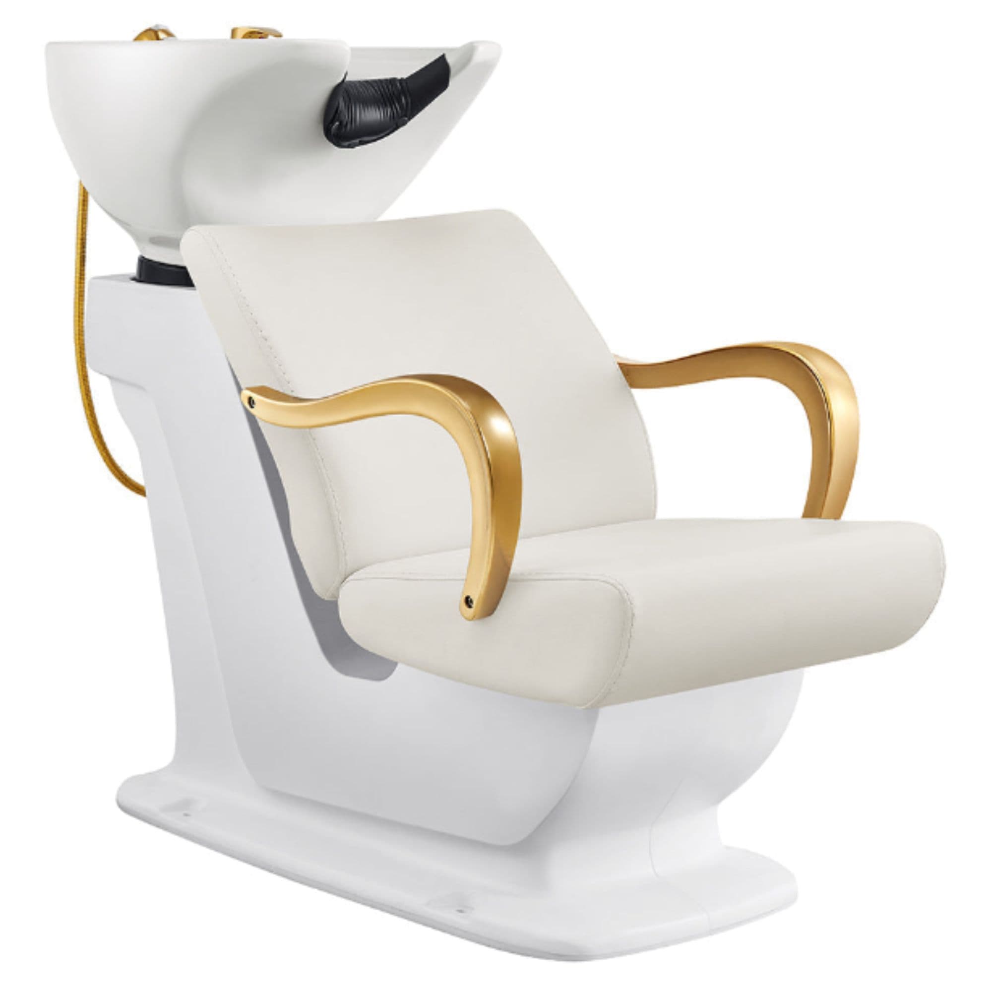 Beckman Gold Shampoo Chair with Adjustable Seat White Front Angled View With White Single Wash Sink On Clean Background