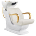 Beckman Gold Shampoo Chair with Adjustable Seat White Front Angled View With White Single Wash Sink On Clean Background