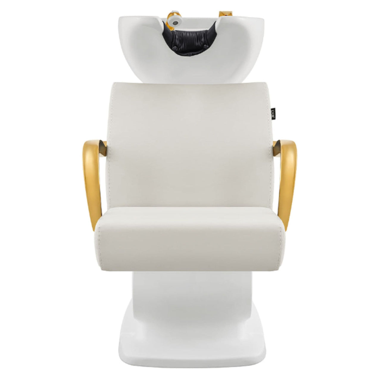 Beckman Gold Shampoo Chair with Adjustable Seat White Front View With White Single Wash Sink On Clean Background