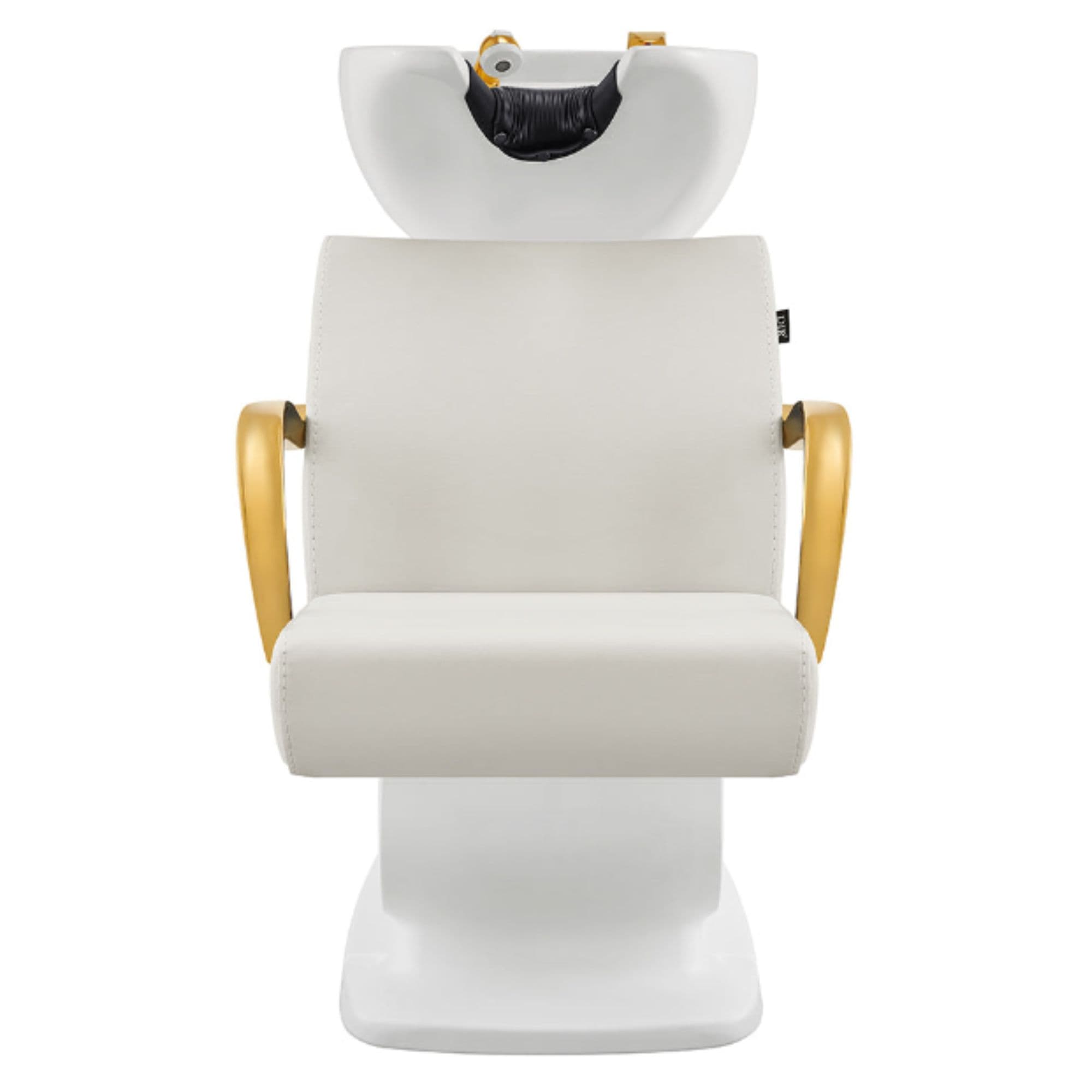 Beckman Gold Shampoo Chair with Adjustable Seat White Front View With White Single Wash Sink On Clean Background