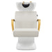 Beckman Gold Shampoo Chair with Adjustable Seat White Front View With White Single Wash Sink On Clean Background