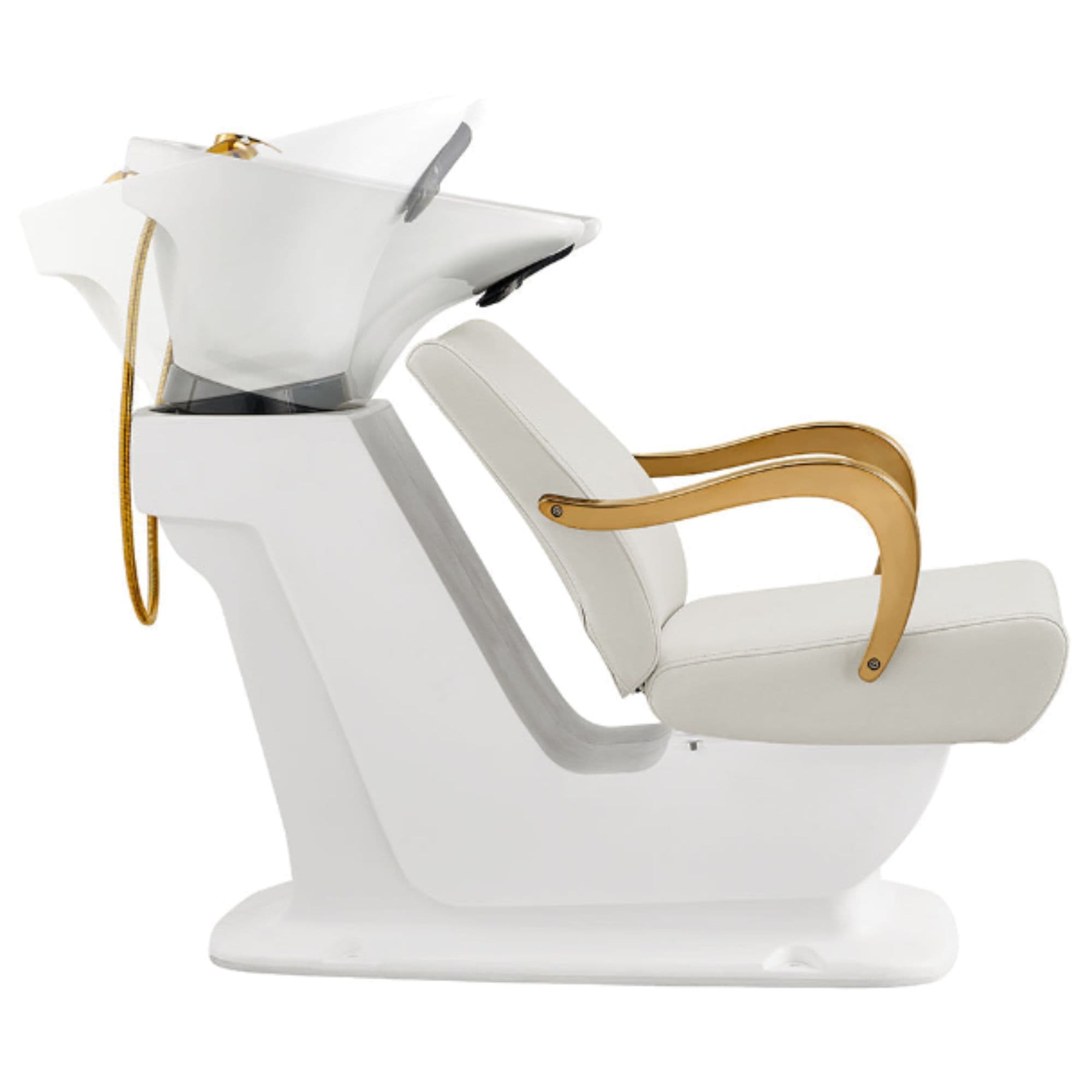 Beckman Gold Shampoo Chair with Adjustable Seat White Side View With Demo Of White Single Sink Station On Clean Background
