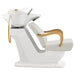 Beckman Gold Shampoo Chair with Adjustable Seat White Side View With Demo Of White Single Sink Station On Clean Background