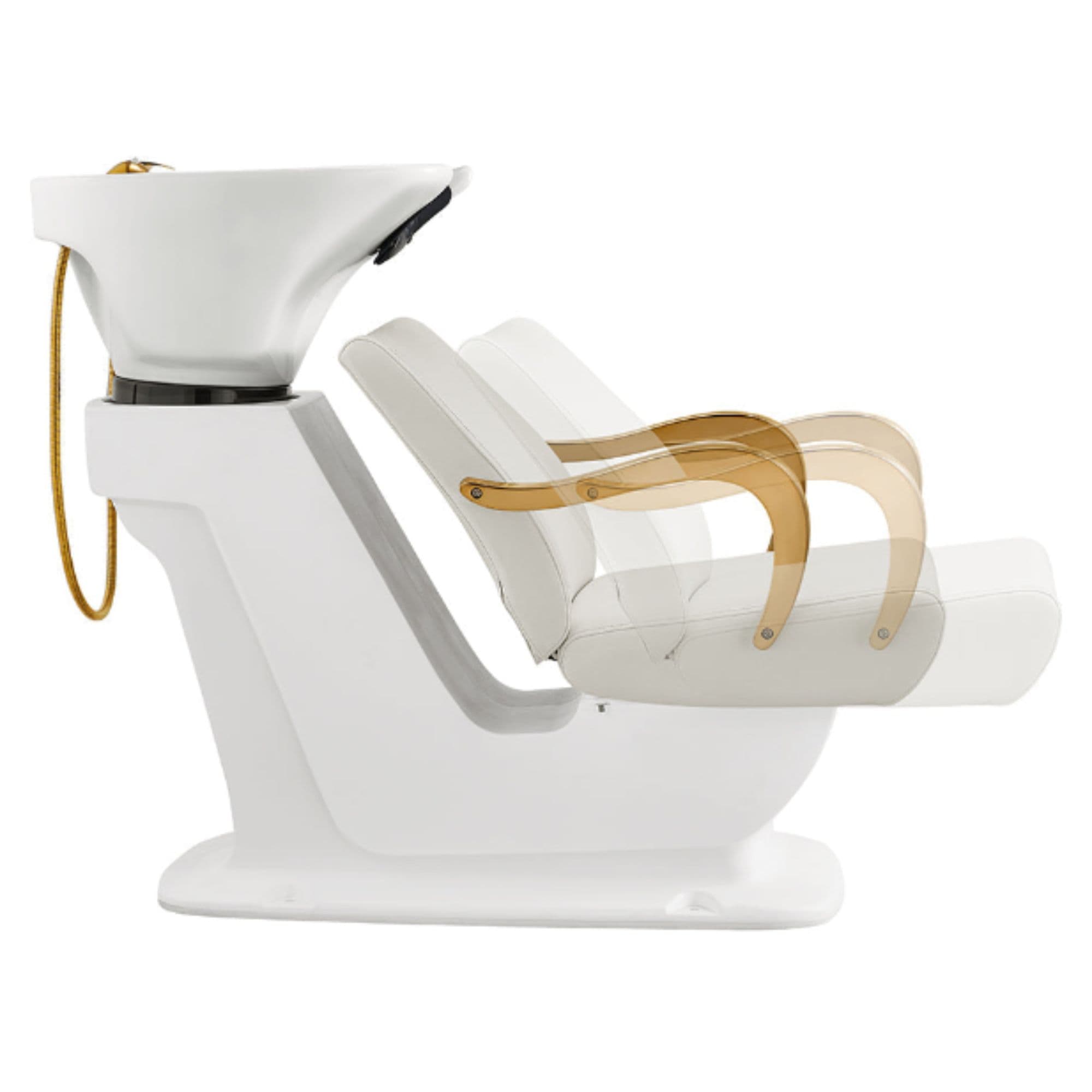 Beckman Gold Shampoo Chair with Adjustable Seat White Side View With White Single Sink  Station And Seat Demonstration