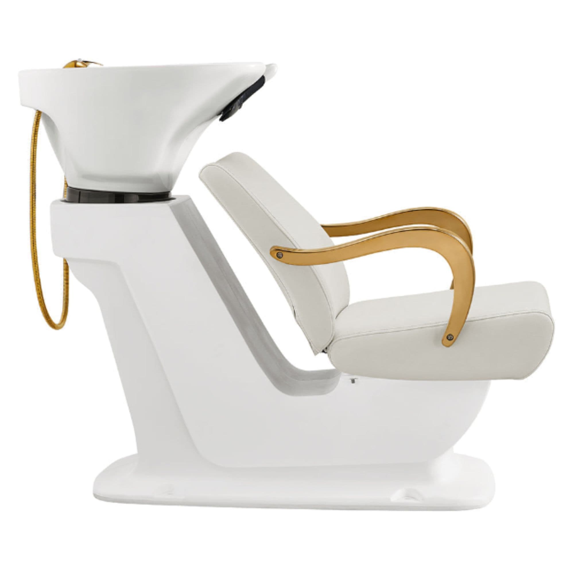 Beckman Gold Shampoo Chair with Adjustable Seat White Side View With White Single Wash Sink On Clean Background