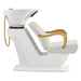 Beckman Gold Shampoo Chair with Adjustable Seat White Side View With White Single Wash Sink On Clean Background
