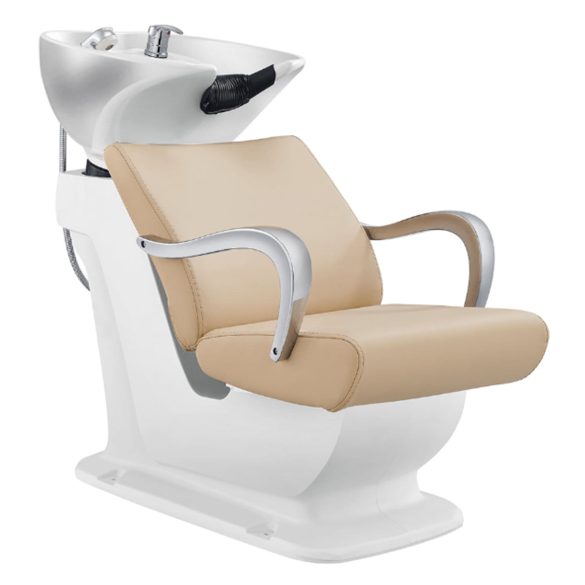 Beckman Salon Shampoo Unit with Adjustable Seat Beige Front Angled View With White Single Sink On White Background