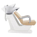 Beckman Salon Shampoo Unit with Adjustable Seat Beige Side View With Demo Of White Single Sink Station On Clean Background