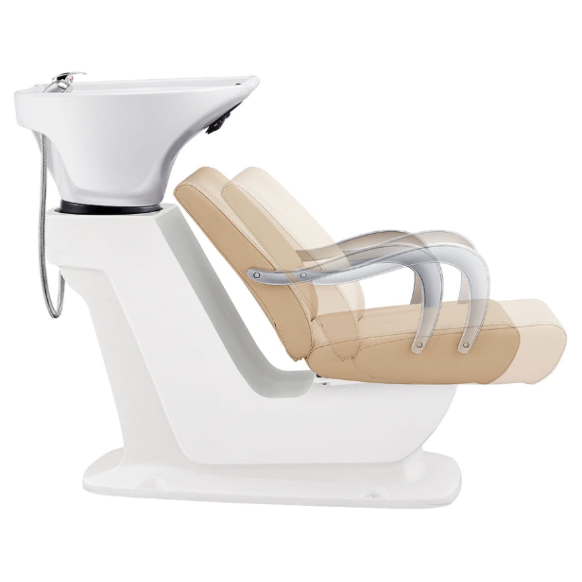 Beckman Salon Shampoo Unit with Adjustable Seat Beige Side View With White Single Sink And Seat Demo On White Background
