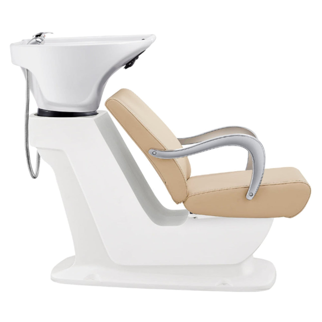 Beckman Salon Shampoo Unit with Adjustable Seat Beige Side View With White Single Sink On White Background