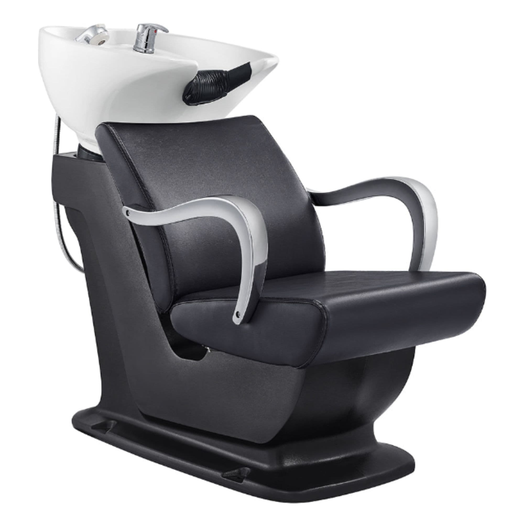 Beckman Salon Shampoo Unit with Adjustable Seat Black Front Angled View With White Single Sink On White Background