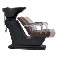 Thumbnail for Beckman Salon Shampoo Unit with Adjustable Seat Brown Side View With Black Single Sink  Station And Seat Demonstration