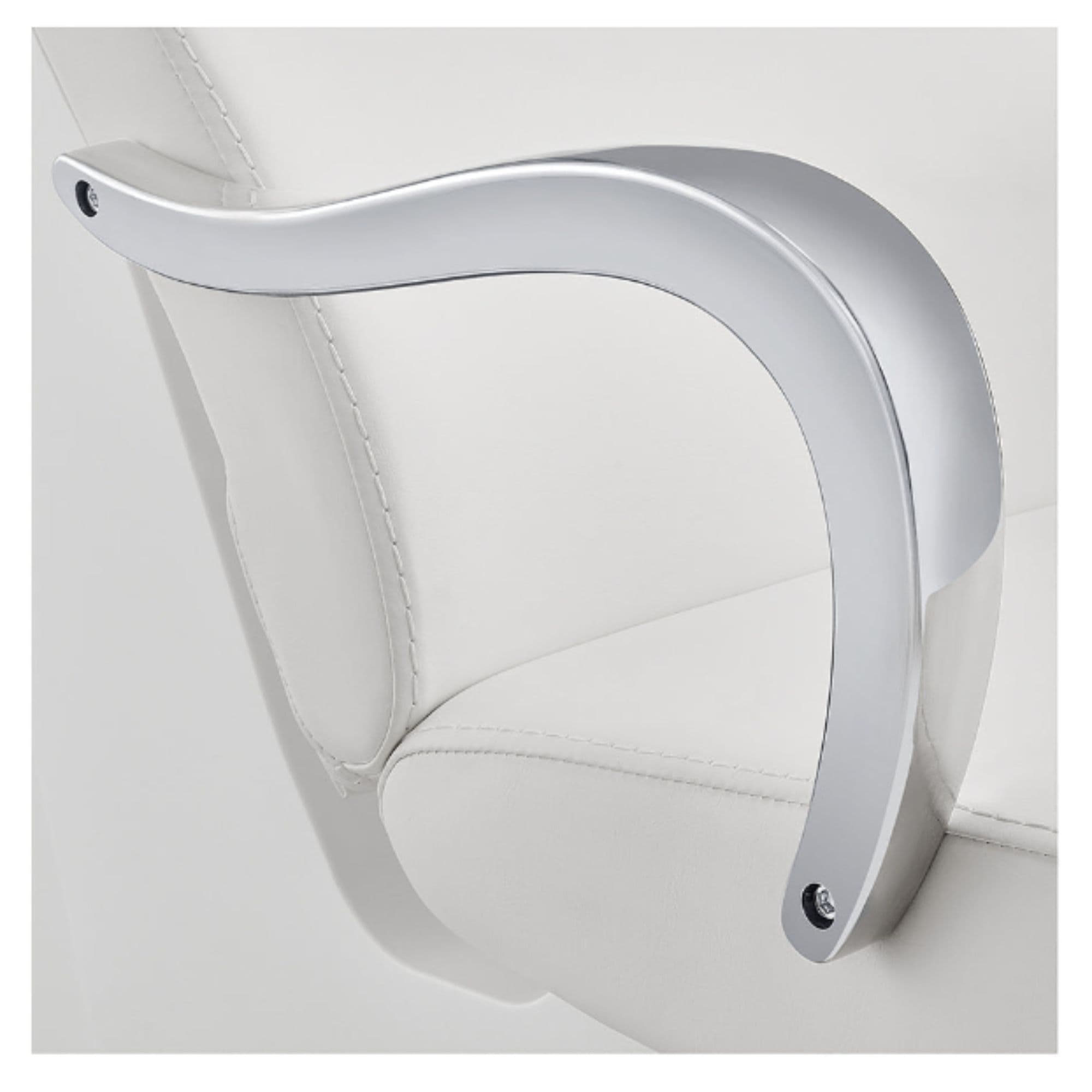 Beckman Salon Shampoo Unit with Adjustable Seat Close-Up View Of Armrest Design With White Upholstery