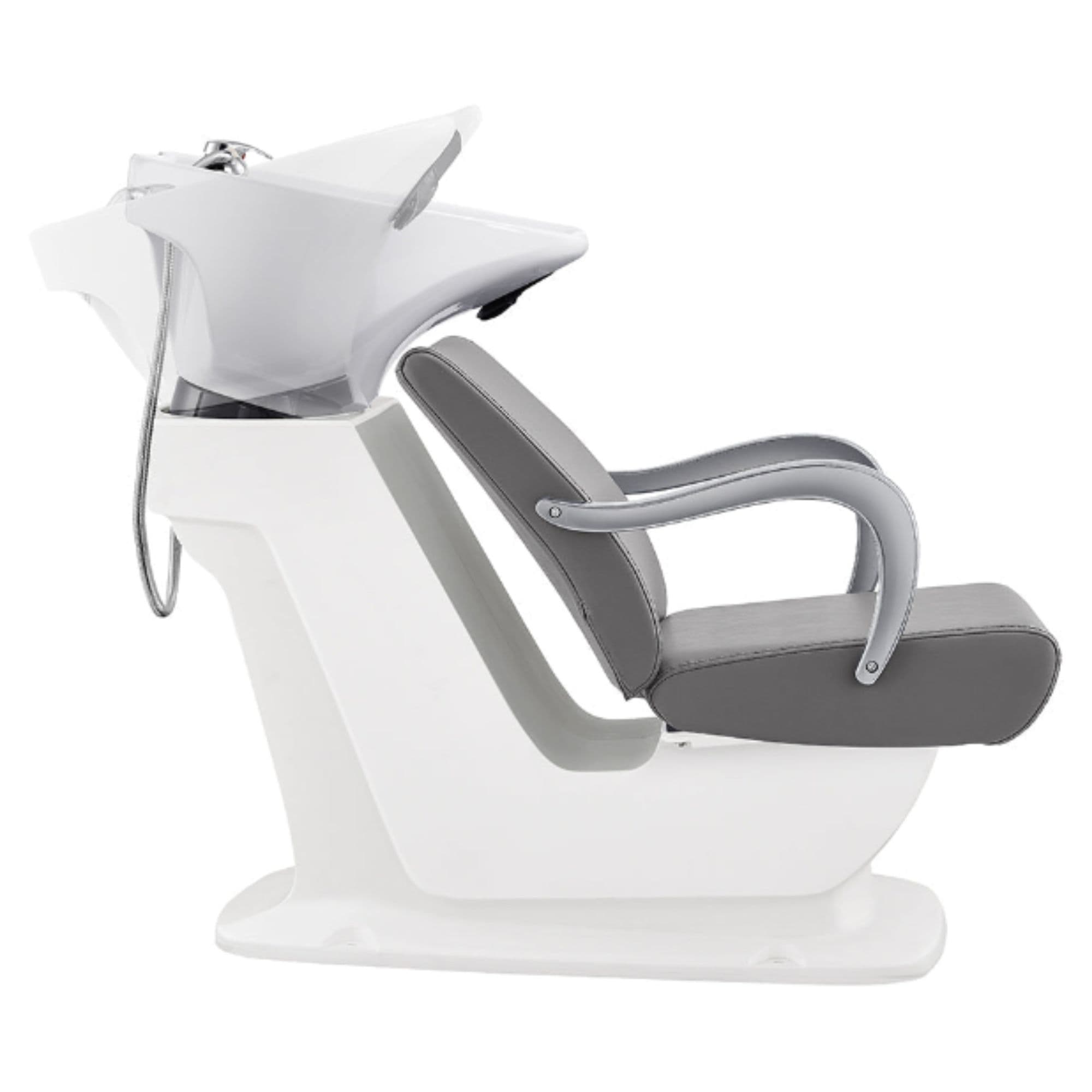 Beckman Salon Shampoo Unit with Adjustable Seat Gray Side View With Demo Of White Single Sink Station On Clean Background
