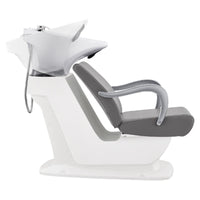 Thumbnail for Beckman Salon Shampoo Unit with Adjustable Seat Gray Side View With Demo Of White Single Sink Station On Clean Background