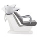 Beckman Salon Shampoo Unit with Adjustable Seat Gray Side View With Demo Of White Single Sink Station On Clean Background