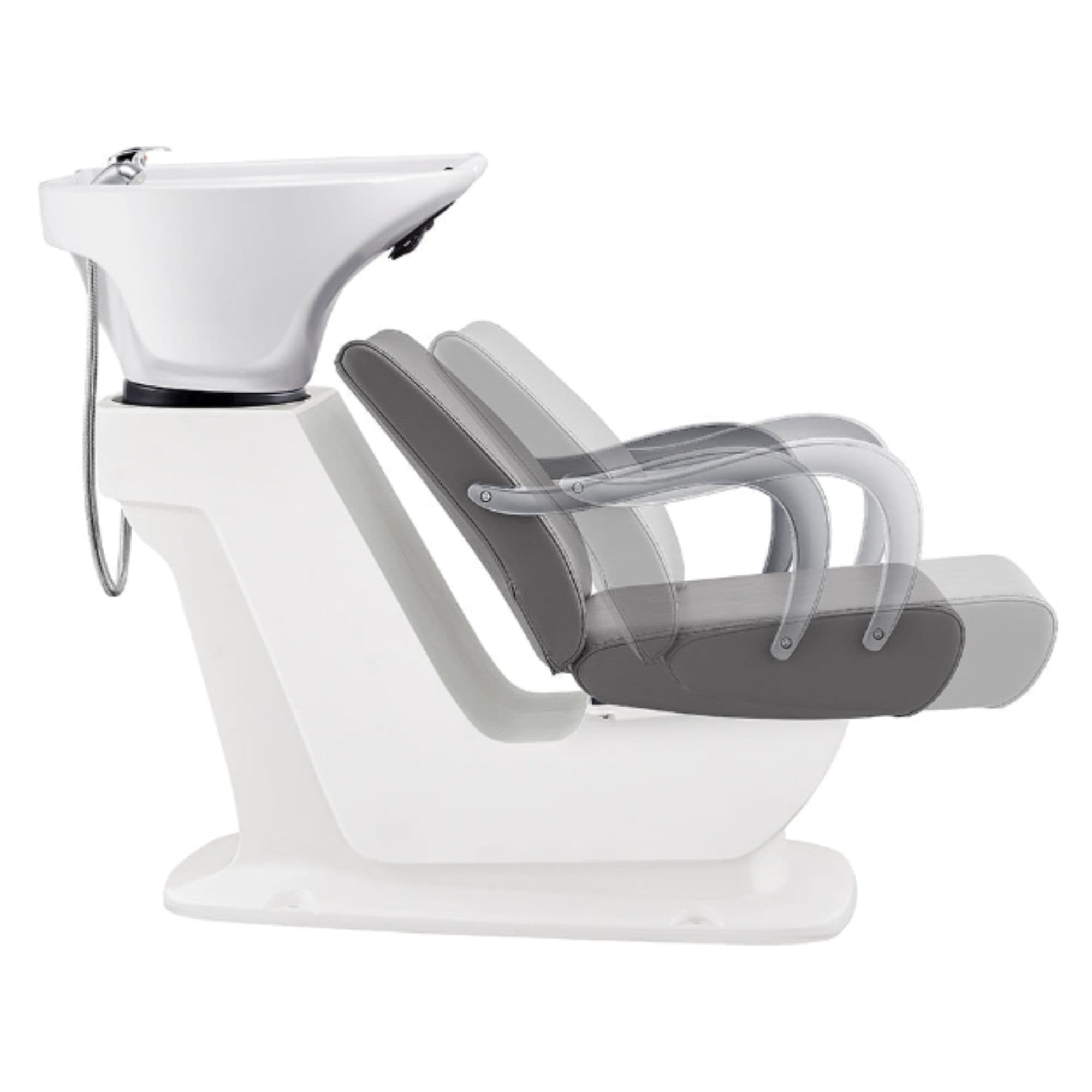 Beckman Salon Shampoo Unit with Adjustable Seat Gray Side View With White Single Sink And Seat Demo On White Background