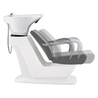 Thumbnail for Beckman Salon Shampoo Unit with Adjustable Seat Gray Side View With White Single Sink And Seat Demo On White Background