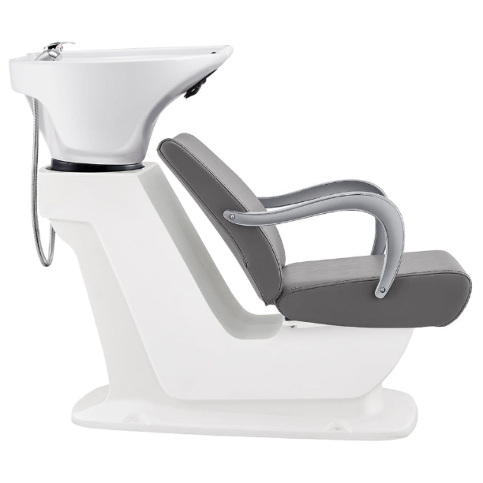 Beckman Salon Shampoo Unit with Adjustable Seat Gray Side View With White Single Sink On White Background